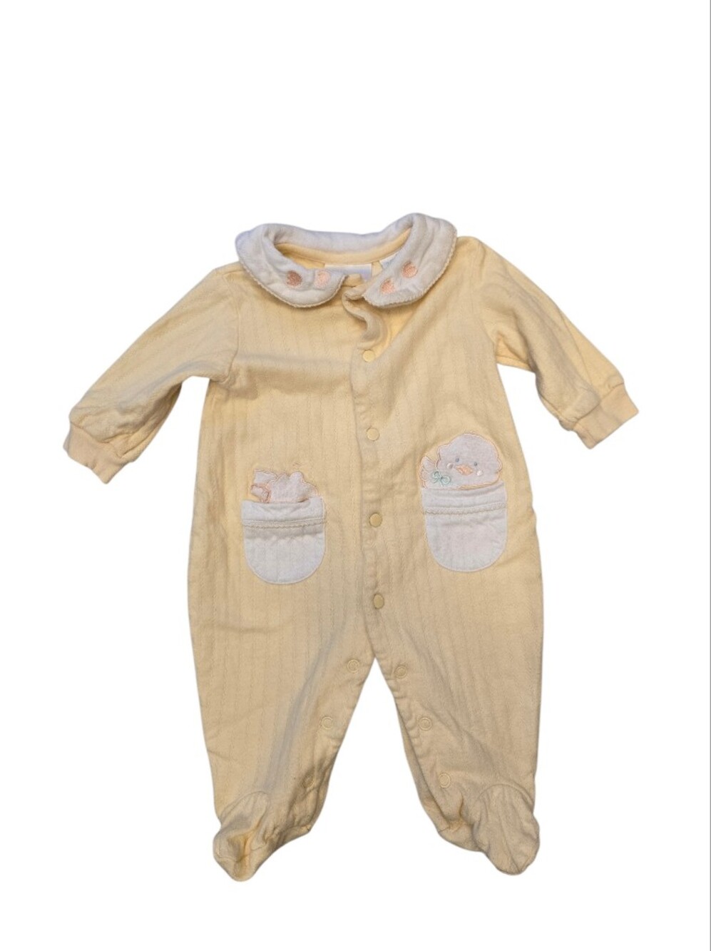 Vintage Y2k Miniwear Pastel Yellow Baby One-Piece Sleeper with Pocket Embroidery